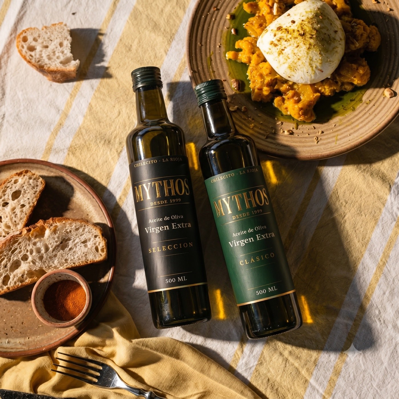 Mythos en la mesa — Clásico y Selección con burrata y pan de campo
