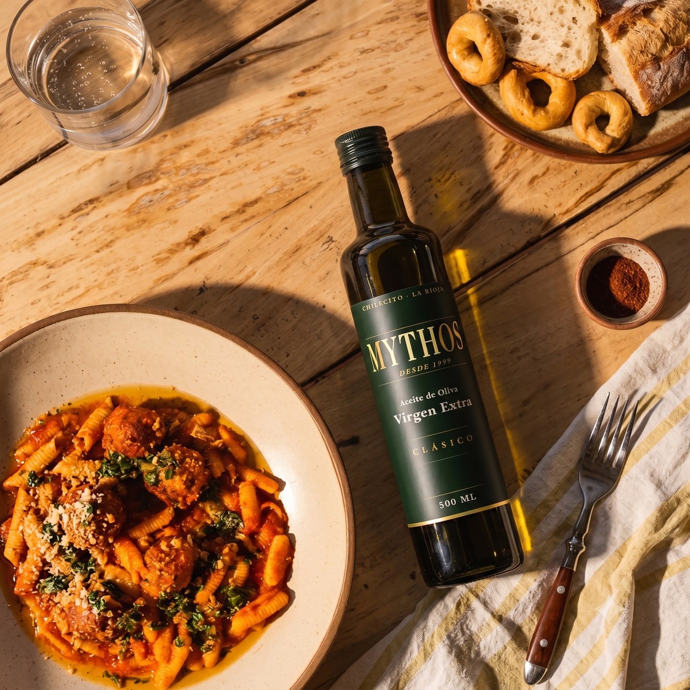 Botella Mythos Clásico junto a una pasta servida en una mesa