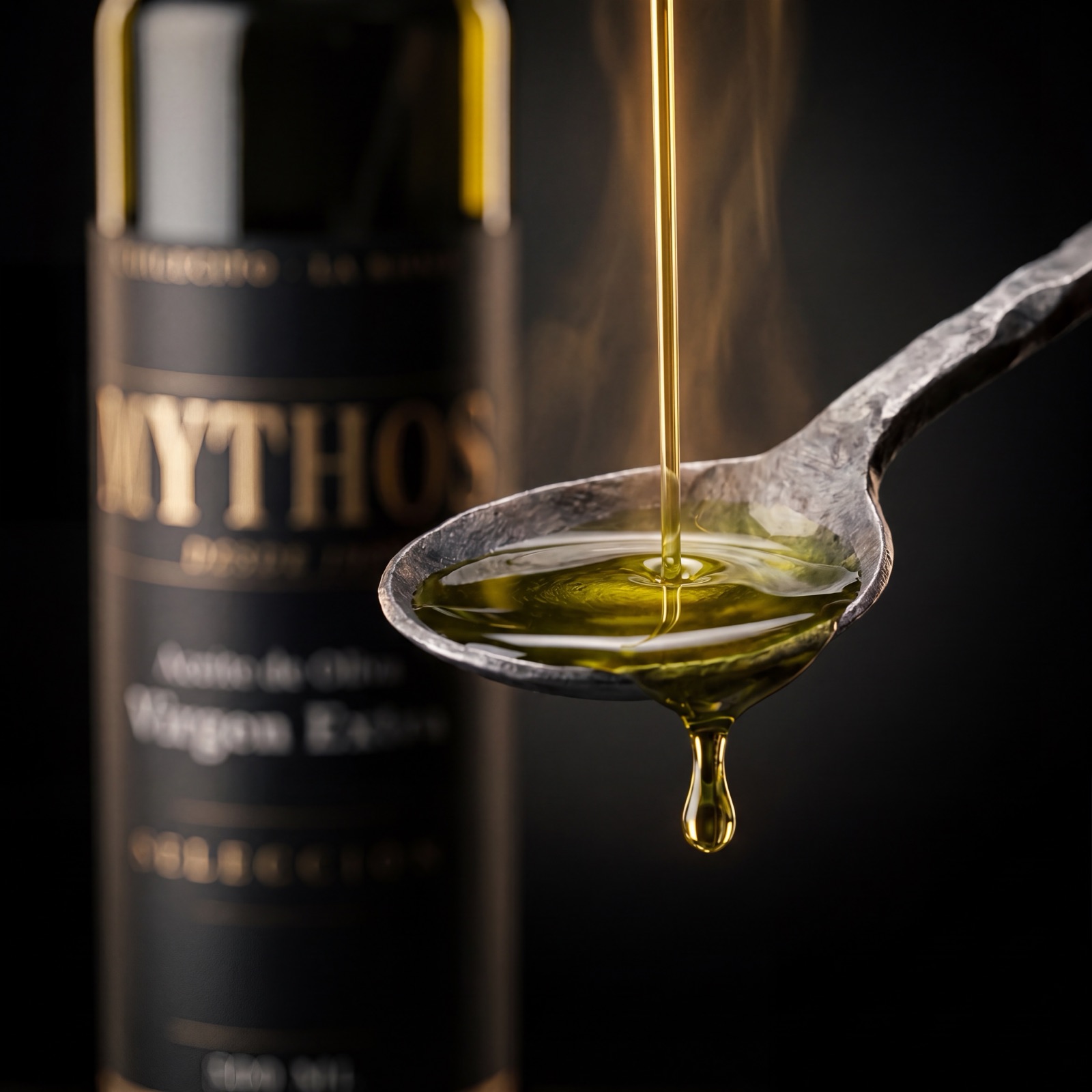 Hilo de aceite Mythos Selección cayendo sobre una cuchara — la prueba del picor